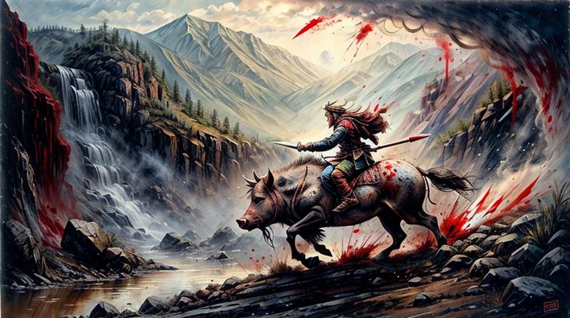 00127-185210176-full of Action, (A north warior riding a boar running at the viewer, (bleeding, pierced by spears, scattering drops of dirt and.png